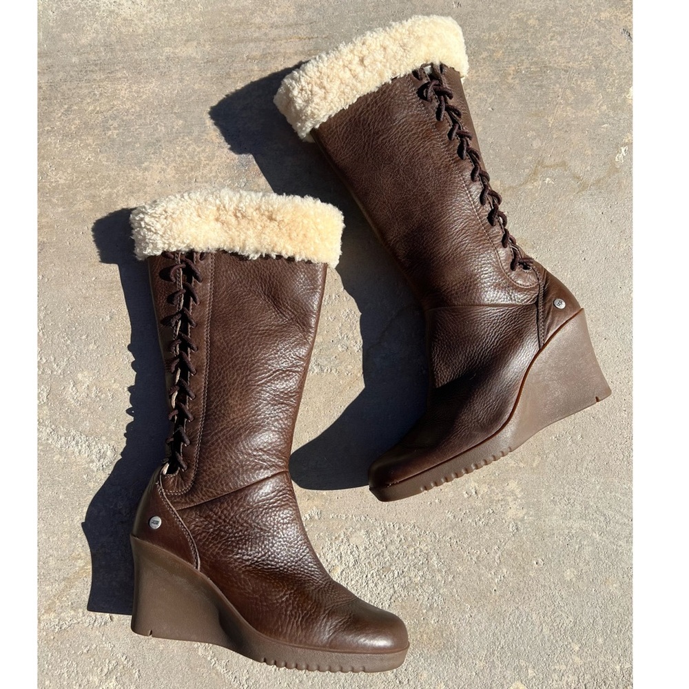 UGG Sherpa Wedge Side Lace Up Leather Brown Boots